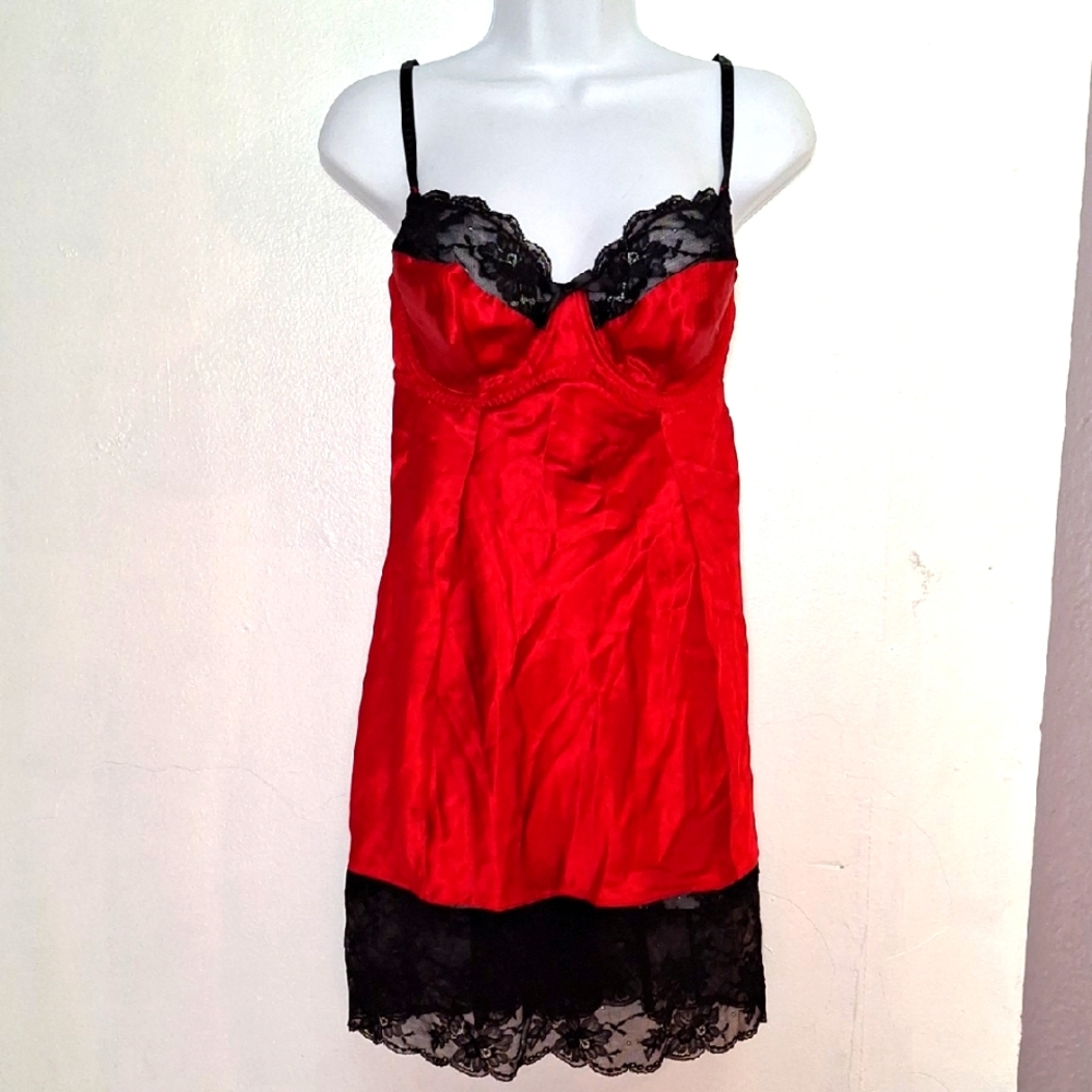 Cacique Red and Black Satin Chemise with Lace Trim